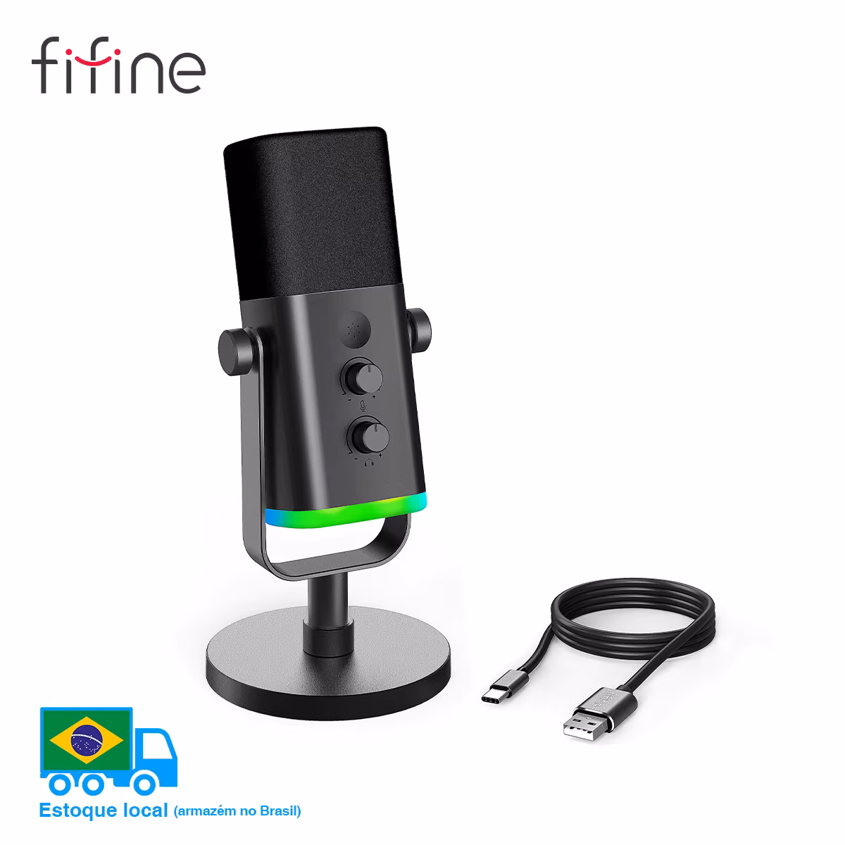 Microfone Dinâmico FIFINE USB/XLR com Iluminação RGB, Saída para Fone e Mudo - Ideal para PC, Jogos, Gravação e Streaming - AM8
