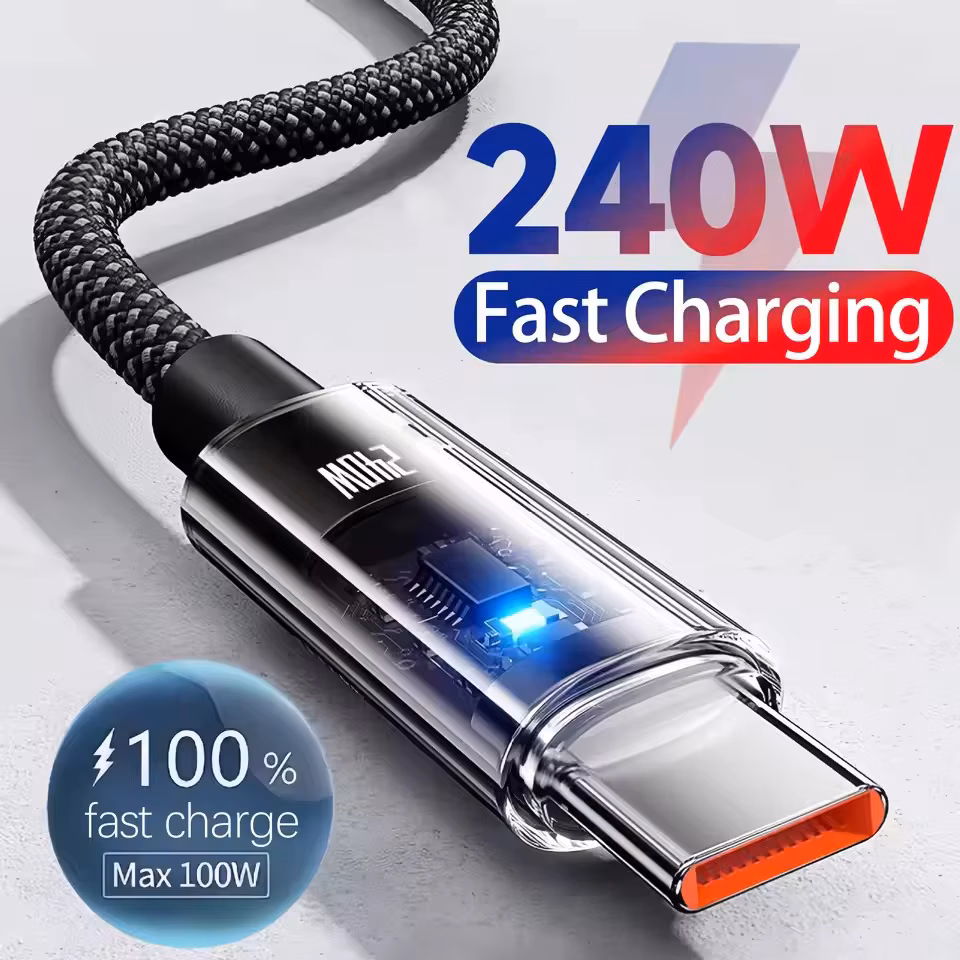 Cabo USB Tipo C 240W Carregamento Super Rápido com Display Digital LED, Nylon - Compatível com Samsung, Xiaomi, Huawei, Honor