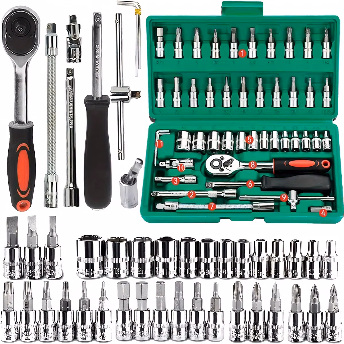 Kit de Ferramentas Mecânicas 46 Peças 1/4" para Reparo Automotivo e Doméstico, com Soquetes e Chave Catraca