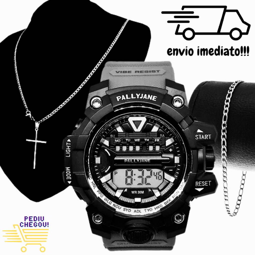 Kit Relógio Digital Esportivo Masculino + Corrente Cruz e Pulseira Aço Inoxidavel
