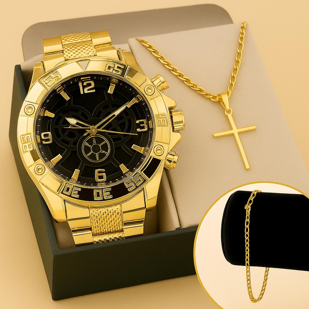 Kit Relógio + Corrente Pingente Cruz + Pulseira Masculina em Aço Inox – Prata ou Dourado