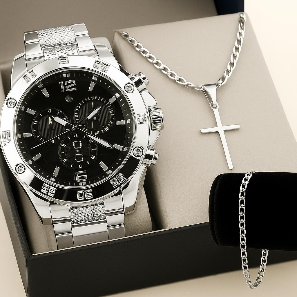 Kit Relógio + Corrente Pingente Cruz + Pulseira Masculina em Aço Inox – Prata ou Dourado