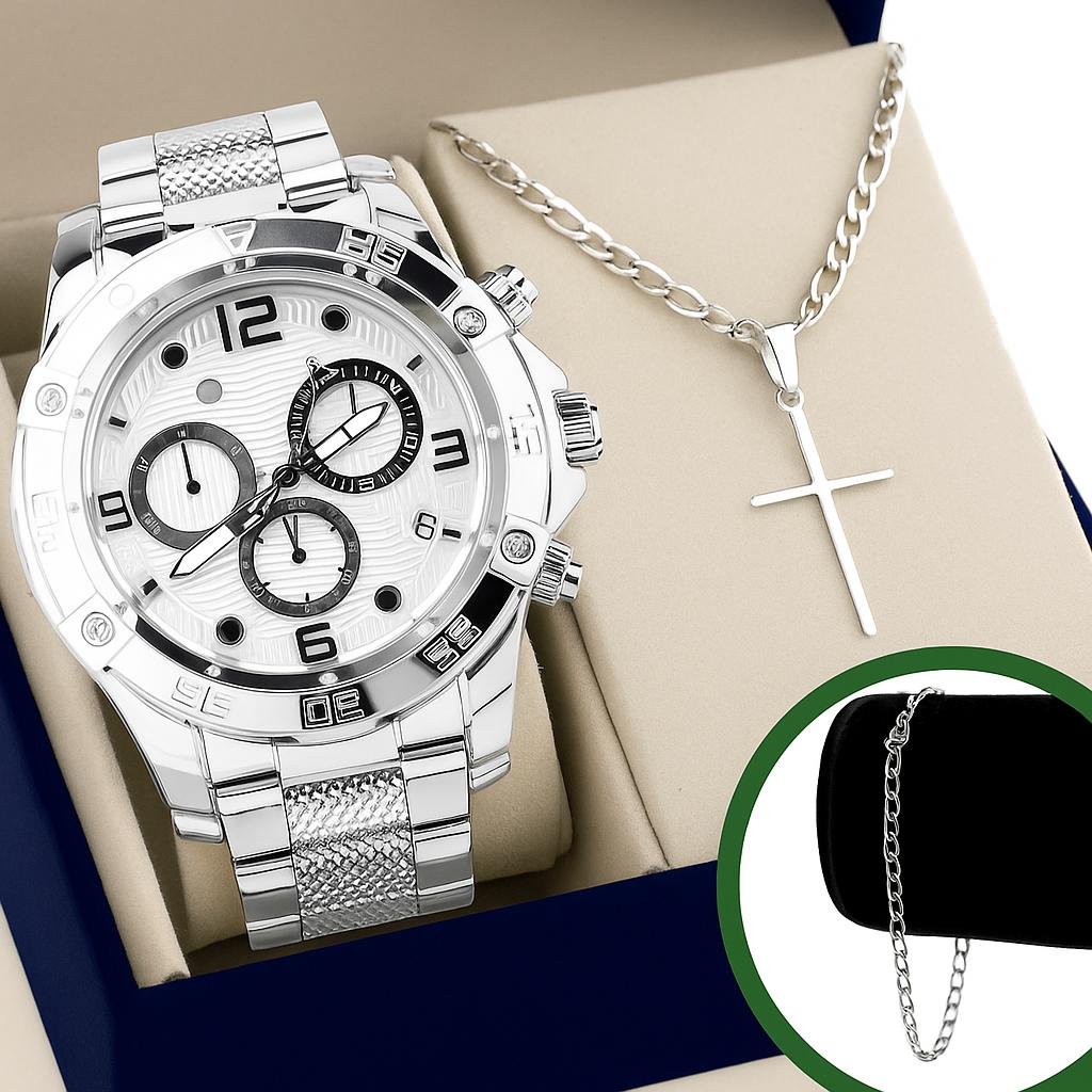 Kit Relógio + Corrente Pingente Cruz + Pulseira Masculina em Aço Inox – Prata ou Dourado