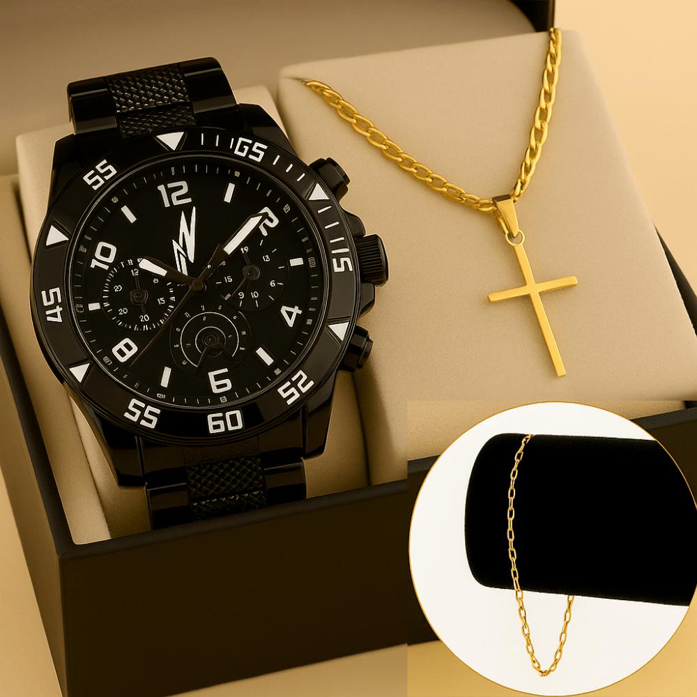 Kit Relógio + Corrente Pingente Cruz + Pulseira Masculina em Aço Inox – Prata ou Dourado
