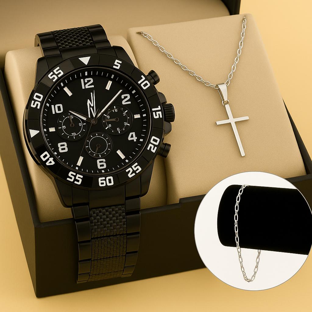 Kit Relógio + Corrente Pingente Cruz + Pulseira Masculina em Aço Inox – Prata ou Dourado