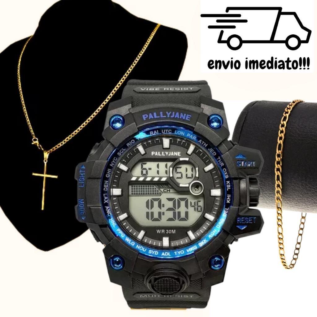 Kit Relógio Digital Esportivo Masculino + Corrente Cruz e Pulseira Aço Inoxidavel