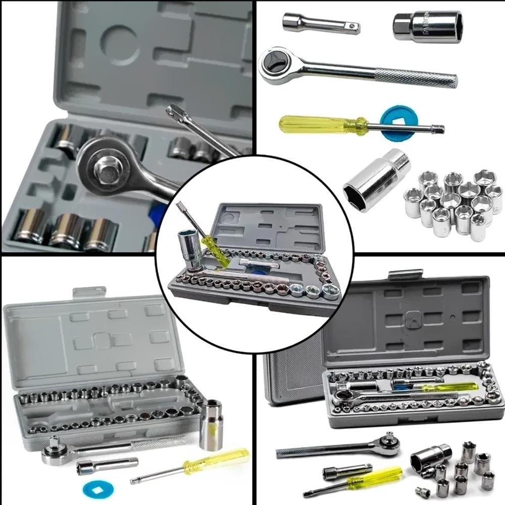 Kit Ferramentas 40/46 Peças Aço Cromo Vanádio c/ Chave Catraca, Estojo ABS, p/ Carro e Casa