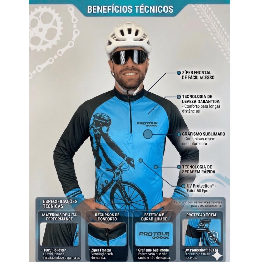 CONJUNTO CICLISMO MASCULINO BERMUDA E CAMISA MANGA LONGA OGGI CINZA COM BOLSOS UV50+