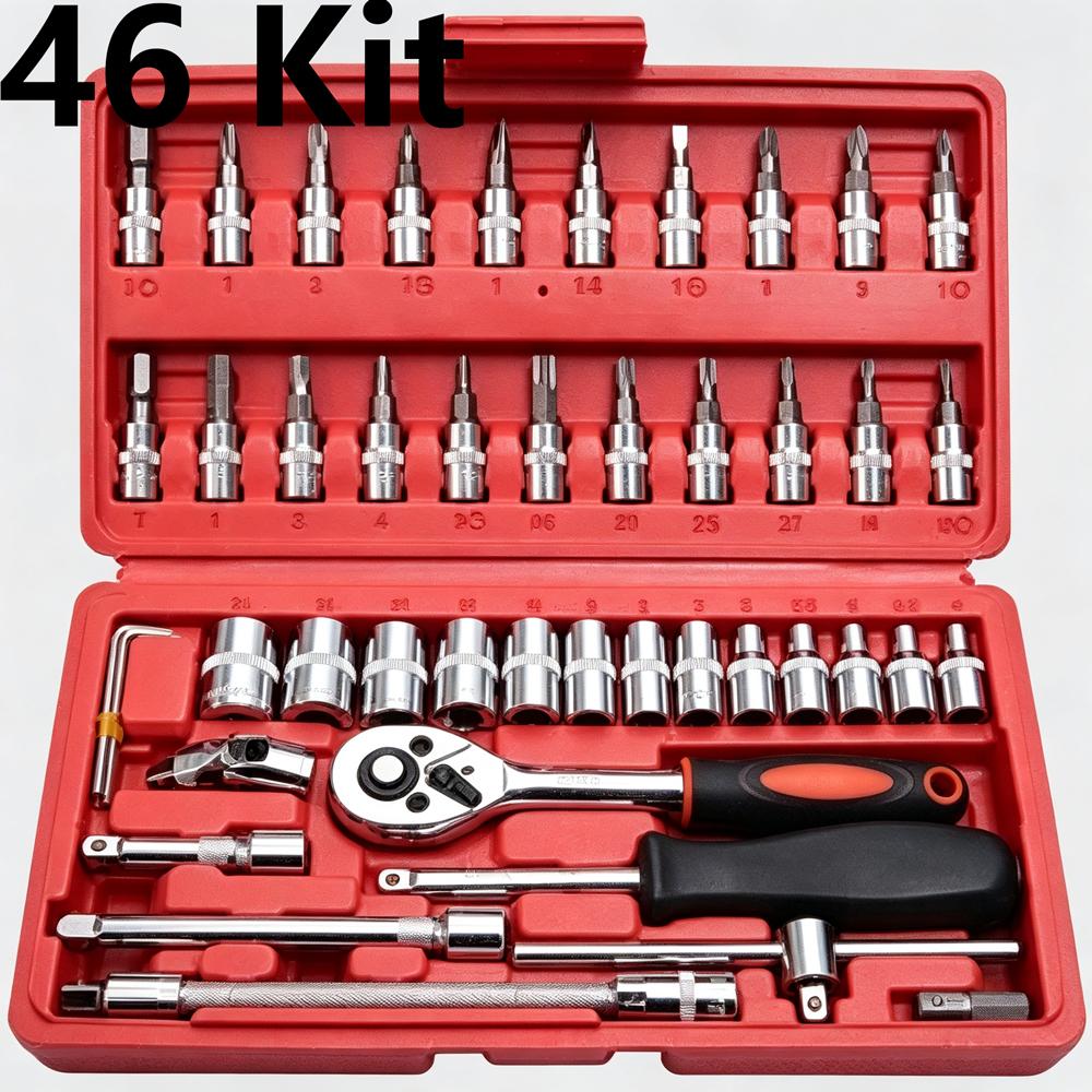 Kit Ferramentas 40/46 Peças Aço Cromo Vanádio c/ Chave Catraca, Estojo ABS, p/ Carro e Casa