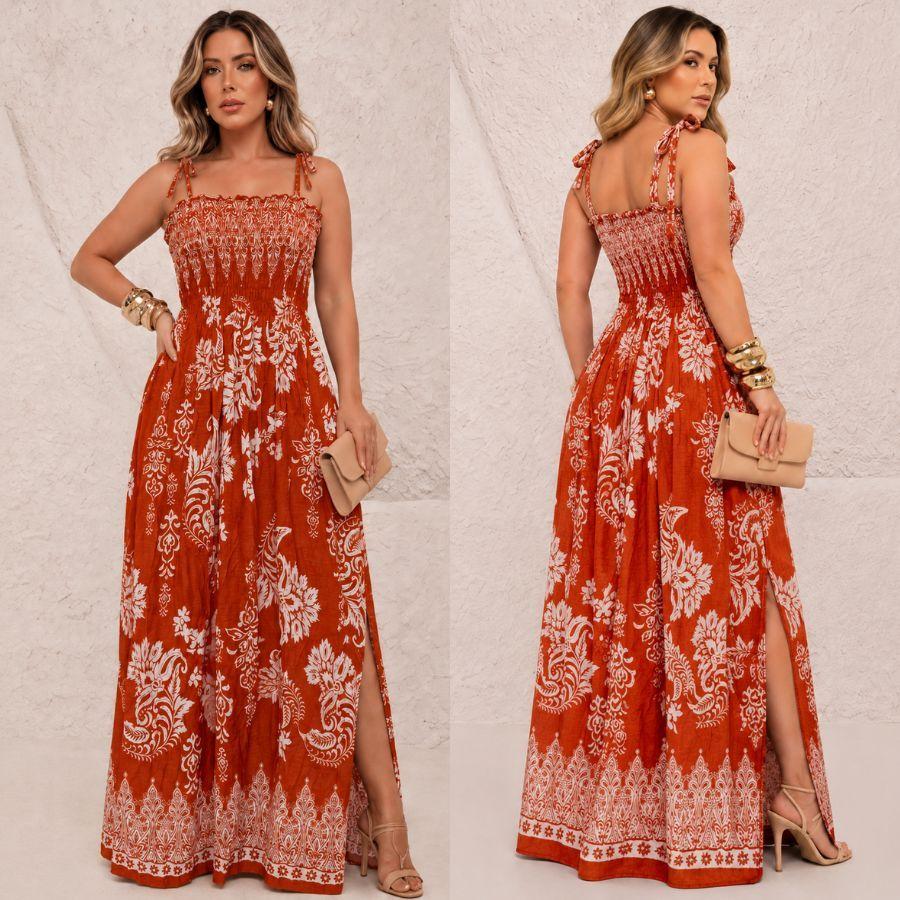 Vestido longo moda cristã feminino em Viscose/Viscolinho casual de alça Muito Lindo com elástico