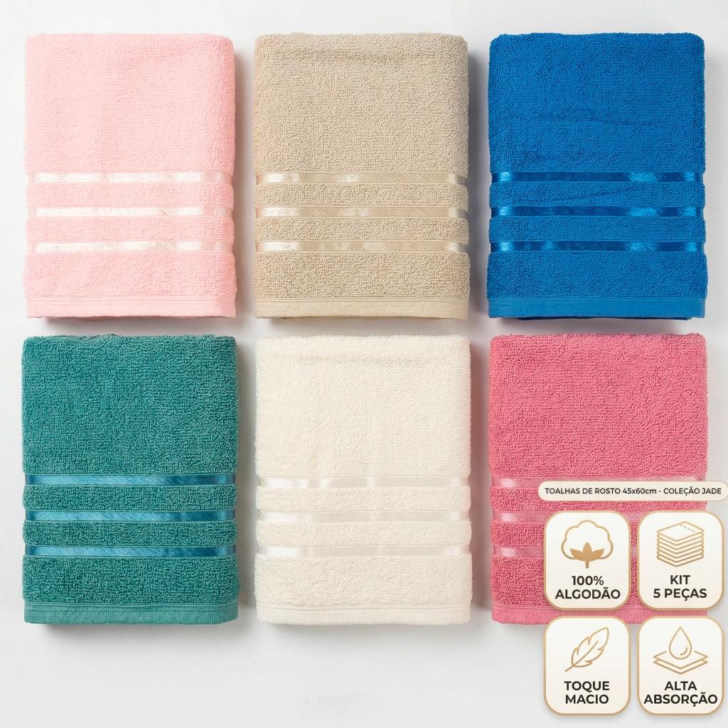 Kit 5pçs Toalhas de Rosto de 45x60cm 100% Algodão - Coleção Jade
