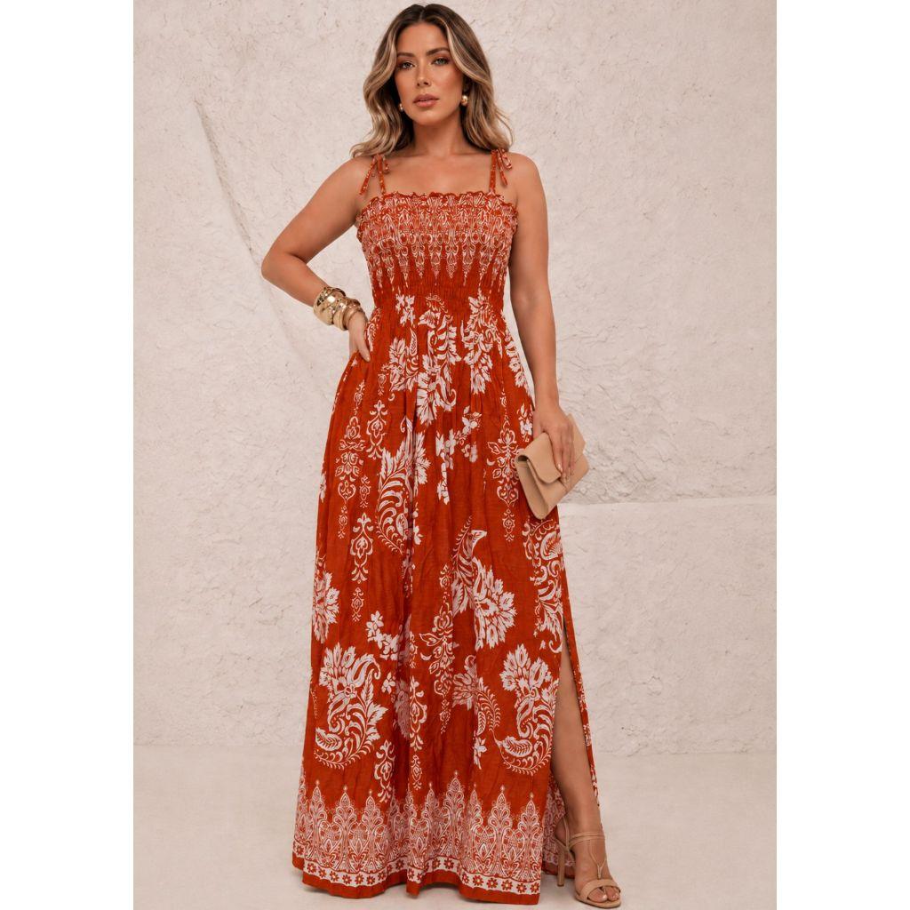 Vestido longo moda cristã feminino em Viscose/Viscolinho casual de alça Muito Lindo com elástico
