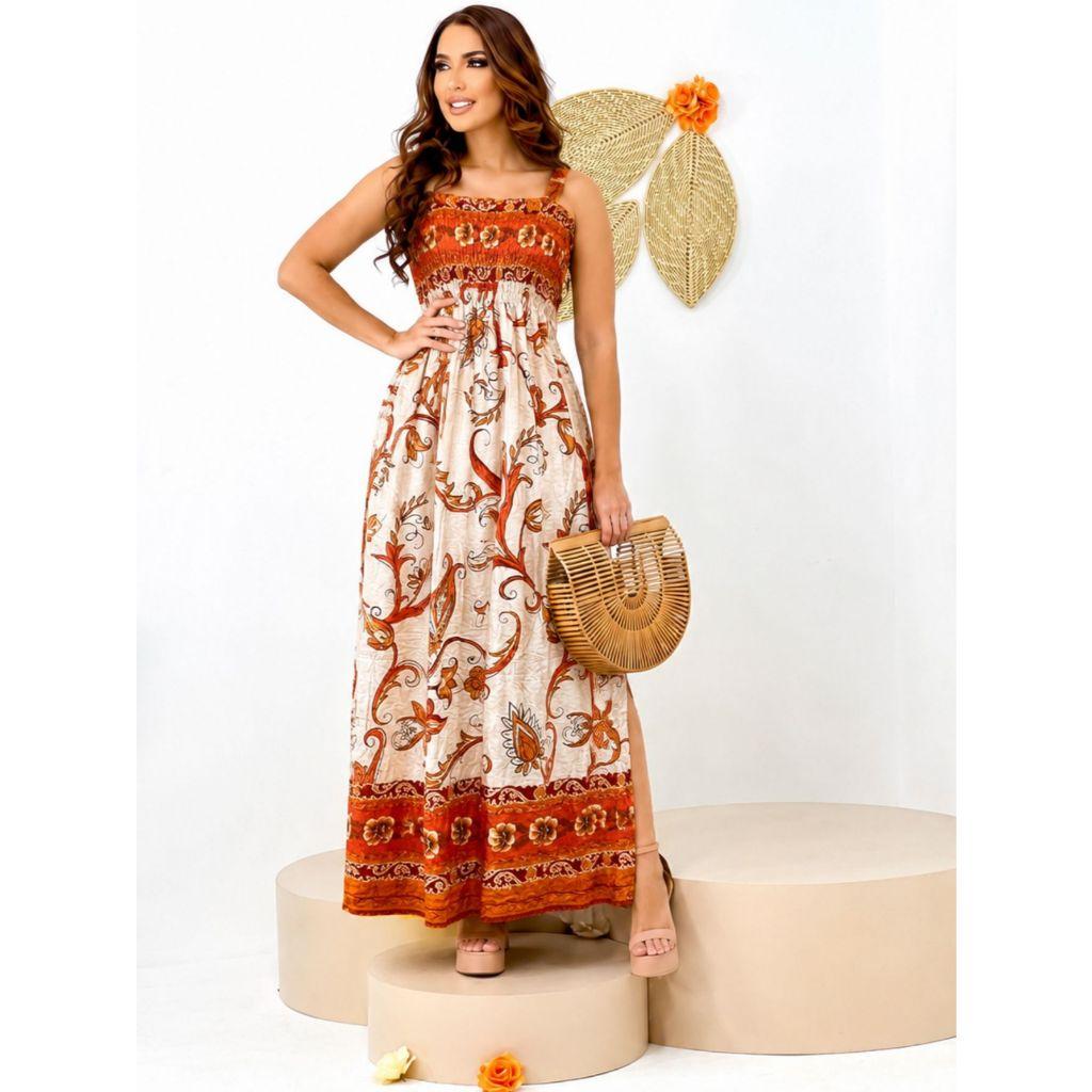 Vestido longo moda cristã feminino em Viscose/Viscolinho casual de alça Muito Lindo com elástico