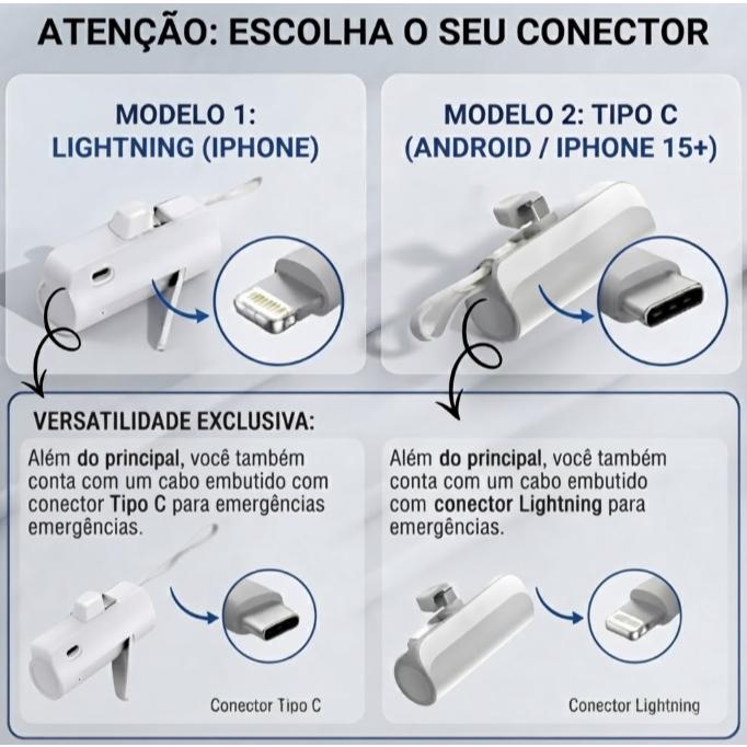 Carregador Portátil Mini Power Bank 10000mAh Com 02 Saídas Tipo-C / Lightning