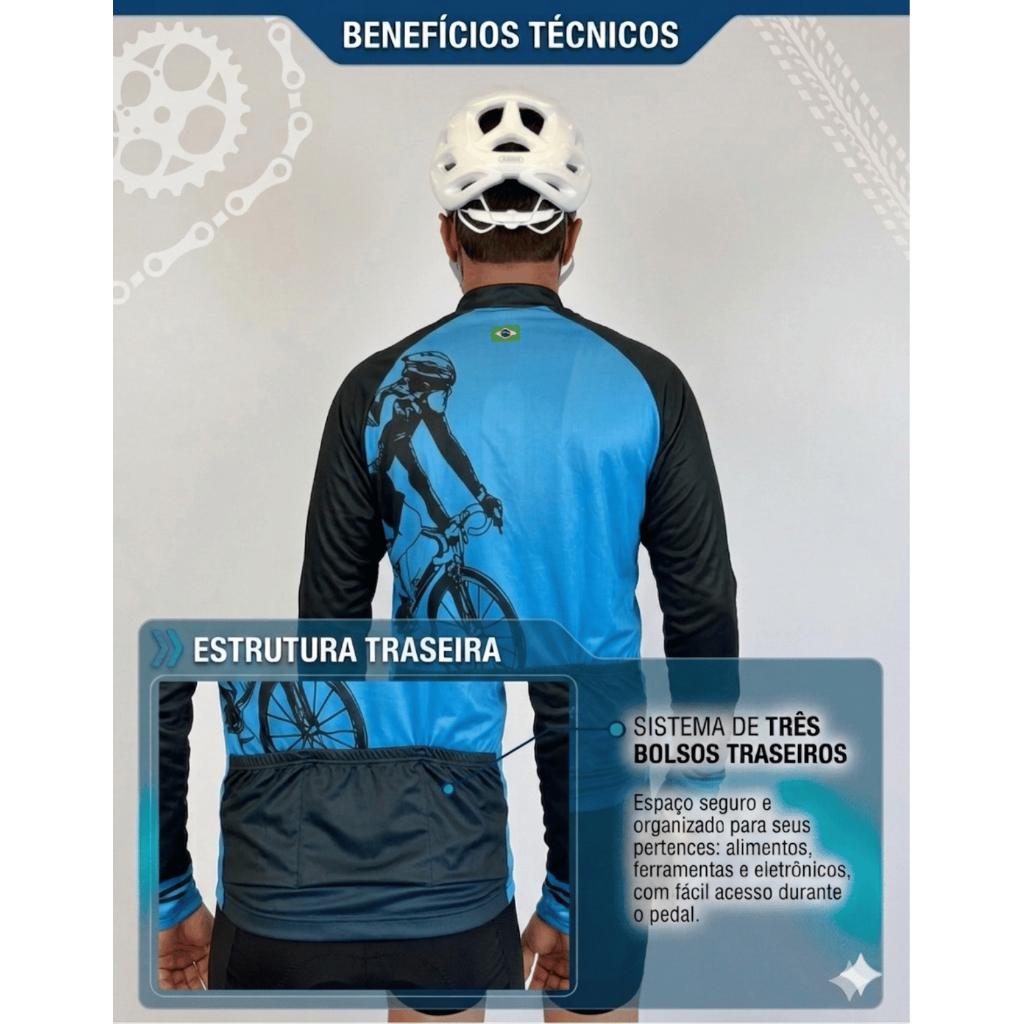 CONJUNTO CICLISMO MASCULINO BERMUDA E CAMISA MANGA LONGA OGGI CINZA COM BOLSOS UV50+
