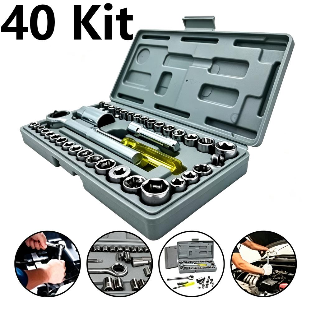 Kit Ferramentas 40/46 Peças Aço Cromo Vanádio c/ Chave Catraca, Estojo ABS, p/ Carro e Casa