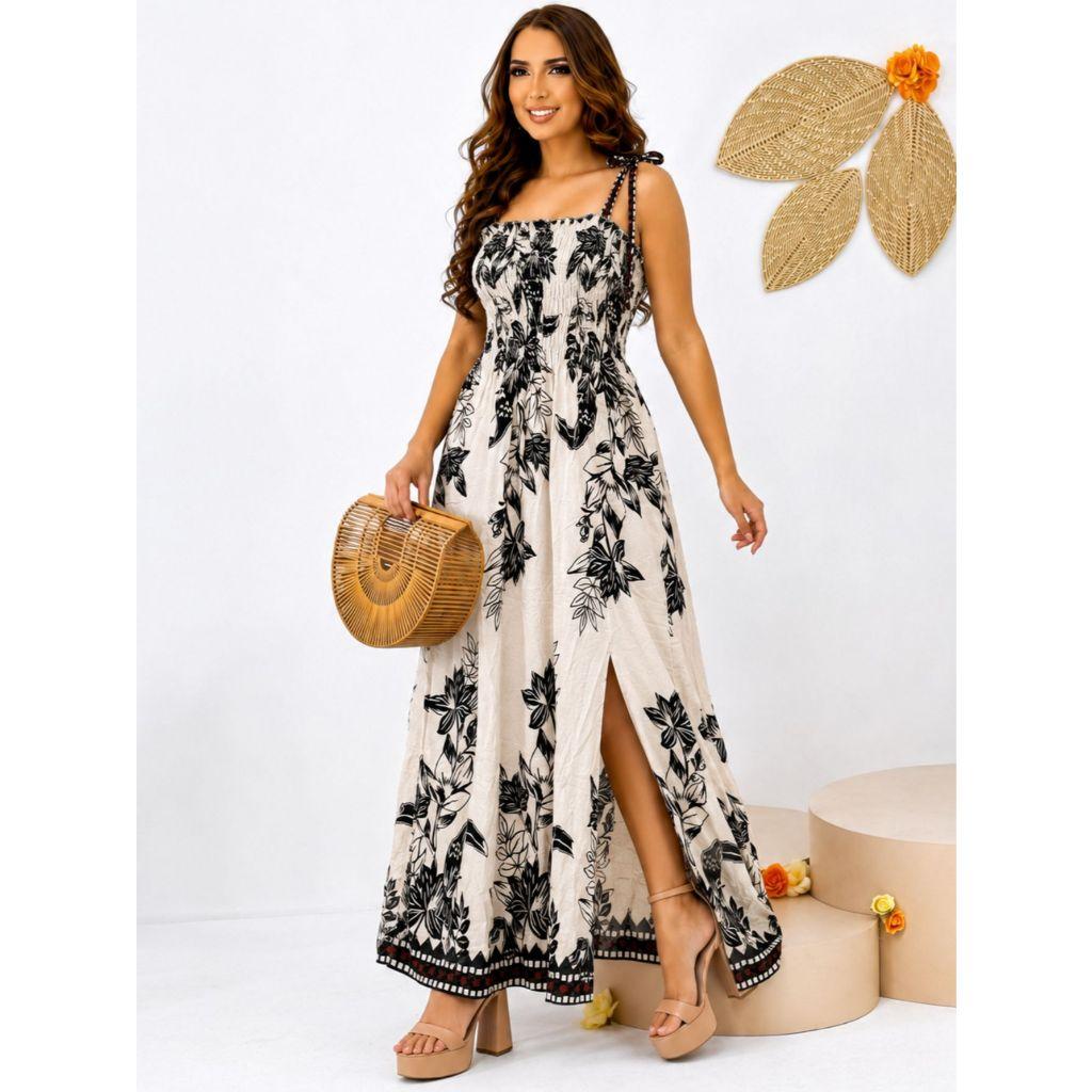 Vestido longo moda cristã feminino em Viscose/Viscolinho casual de alça Muito Lindo com elástico