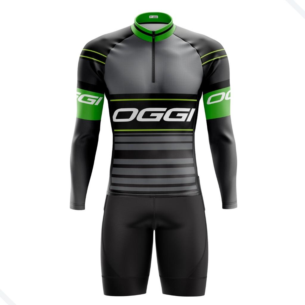CONJUNTO CICLISMO MASCULINO BERMUDA E CAMISA MANGA LONGA OGGI CINZA COM BOLSOS UV50+