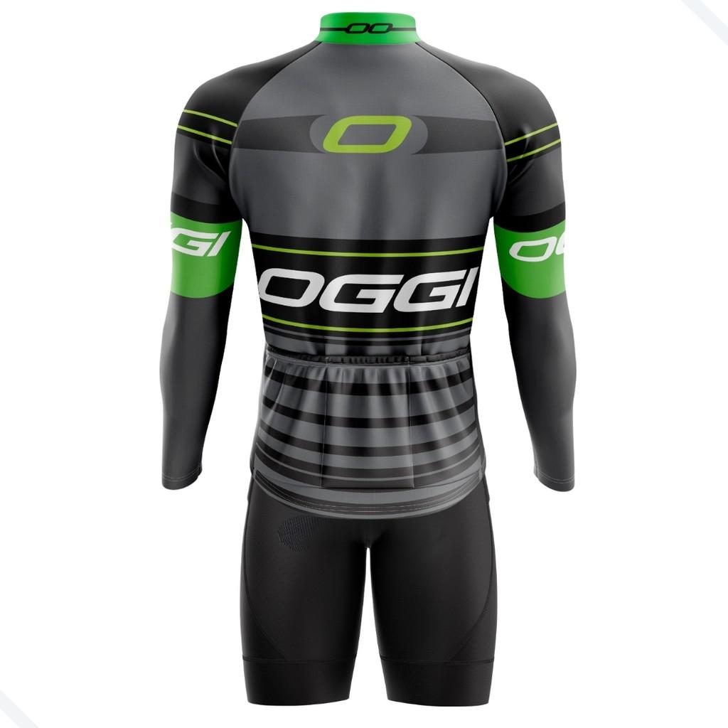 CONJUNTO CICLISMO MASCULINO BERMUDA E CAMISA MANGA LONGA OGGI CINZA COM BOLSOS UV50+