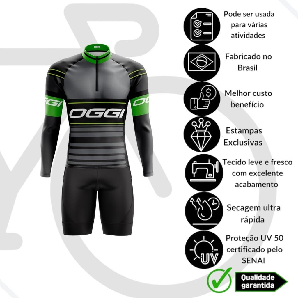 CONJUNTO CICLISMO MASCULINO BERMUDA E CAMISA MANGA LONGA OGGI CINZA COM BOLSOS UV50+