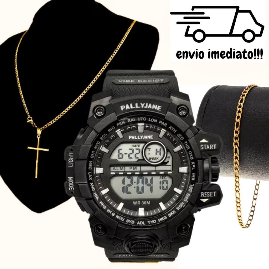 Kit Relógio Digital Esportivo Masculino + Corrente Cruz e Pulseira Aço Inoxidavel