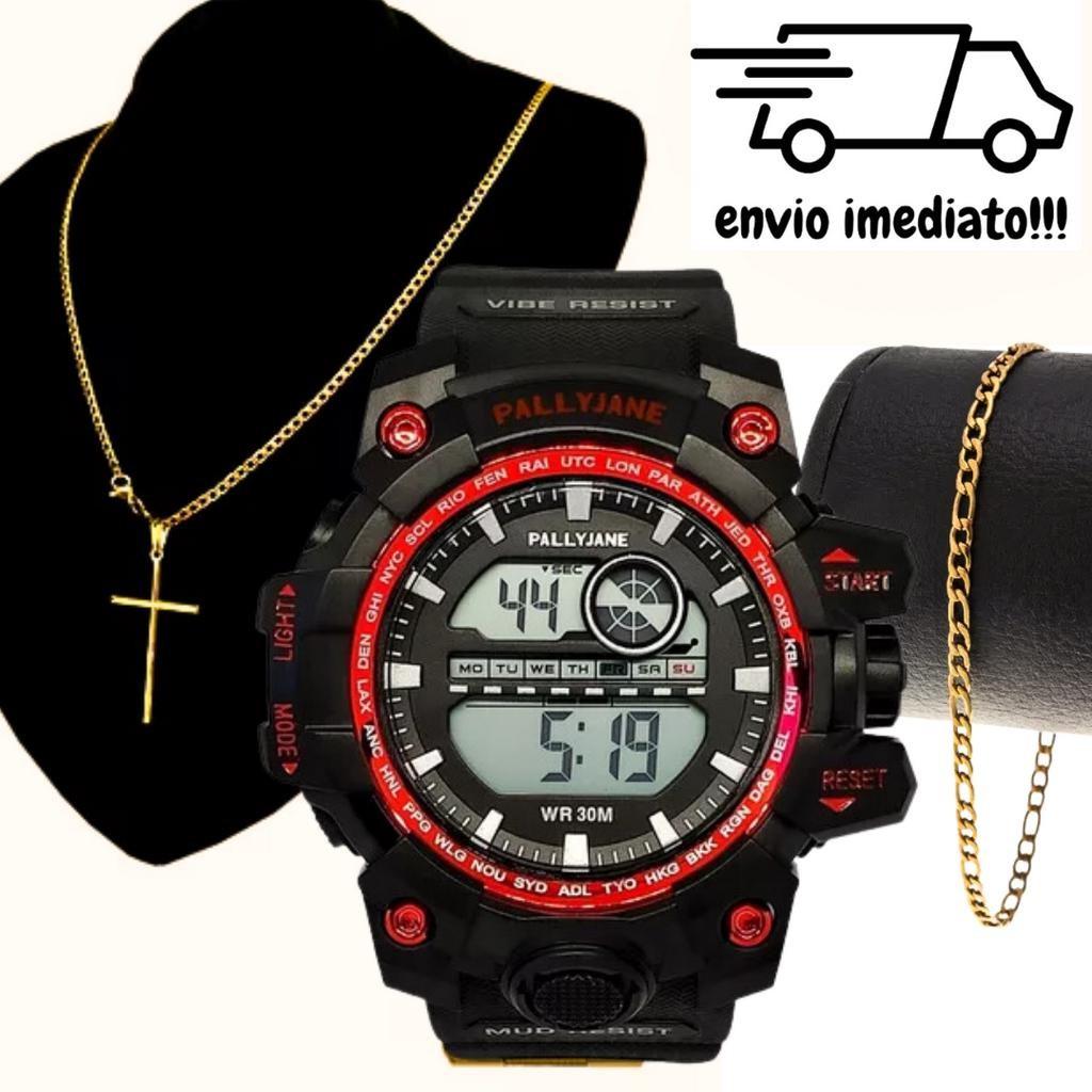 Kit Relógio Digital Esportivo Masculino + Corrente Cruz e Pulseira Aço Inoxidavel