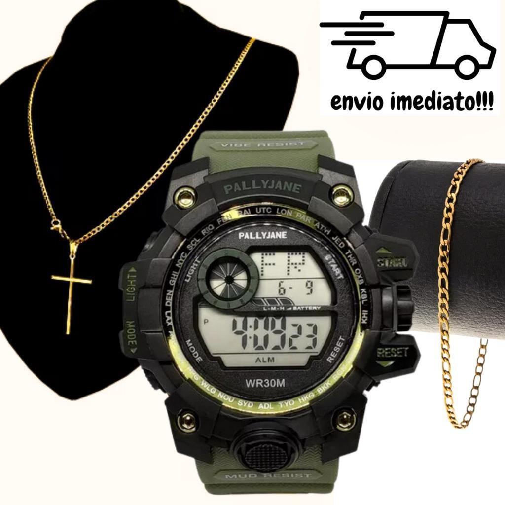 Kit Relógio Digital Esportivo Masculino + Corrente Cruz e Pulseira Aço Inoxidavel