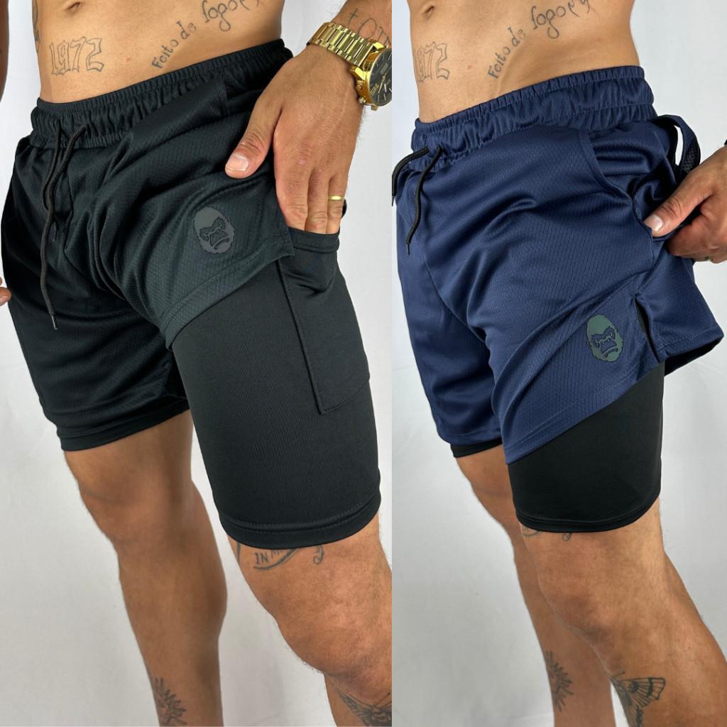 Kit 2 Bermudas Kong 2 em 1 Sports Para Academia Masculina