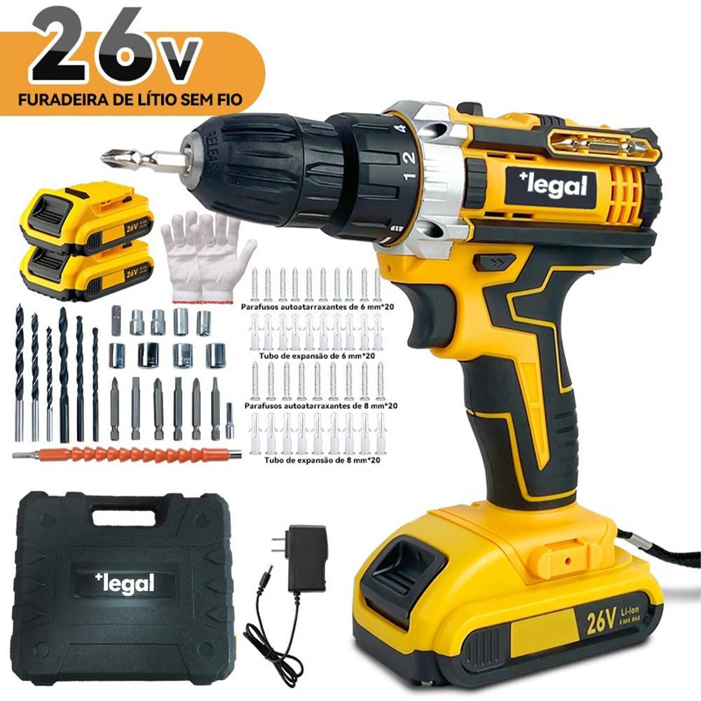 Parafusadeira de alta potência 26V/48V, caixa de armazenamento e mais de 30 acessórios (uso profissional)