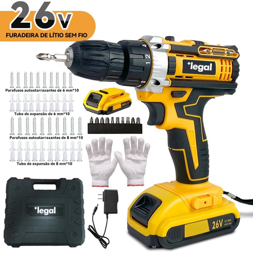 Parafusadeira de alta potência 26V/48V, caixa de armazenamento e mais de 30 acessórios (uso profissional)