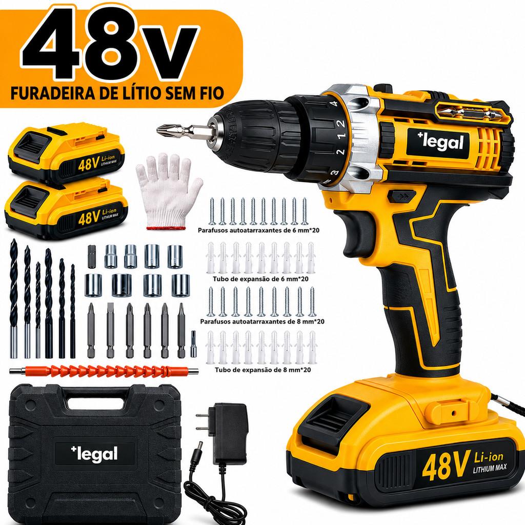 Parafusadeira de alta potência 26V/48V, caixa de armazenamento e mais de 30 acessórios (uso profissional)