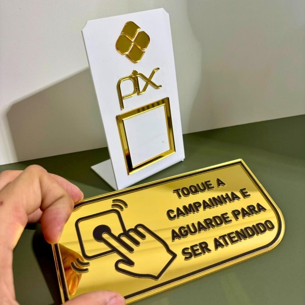 Kit Placa Pix Personalizada Qr Code + Placa Campainha Identificação Balcão Acrílico Espelhado