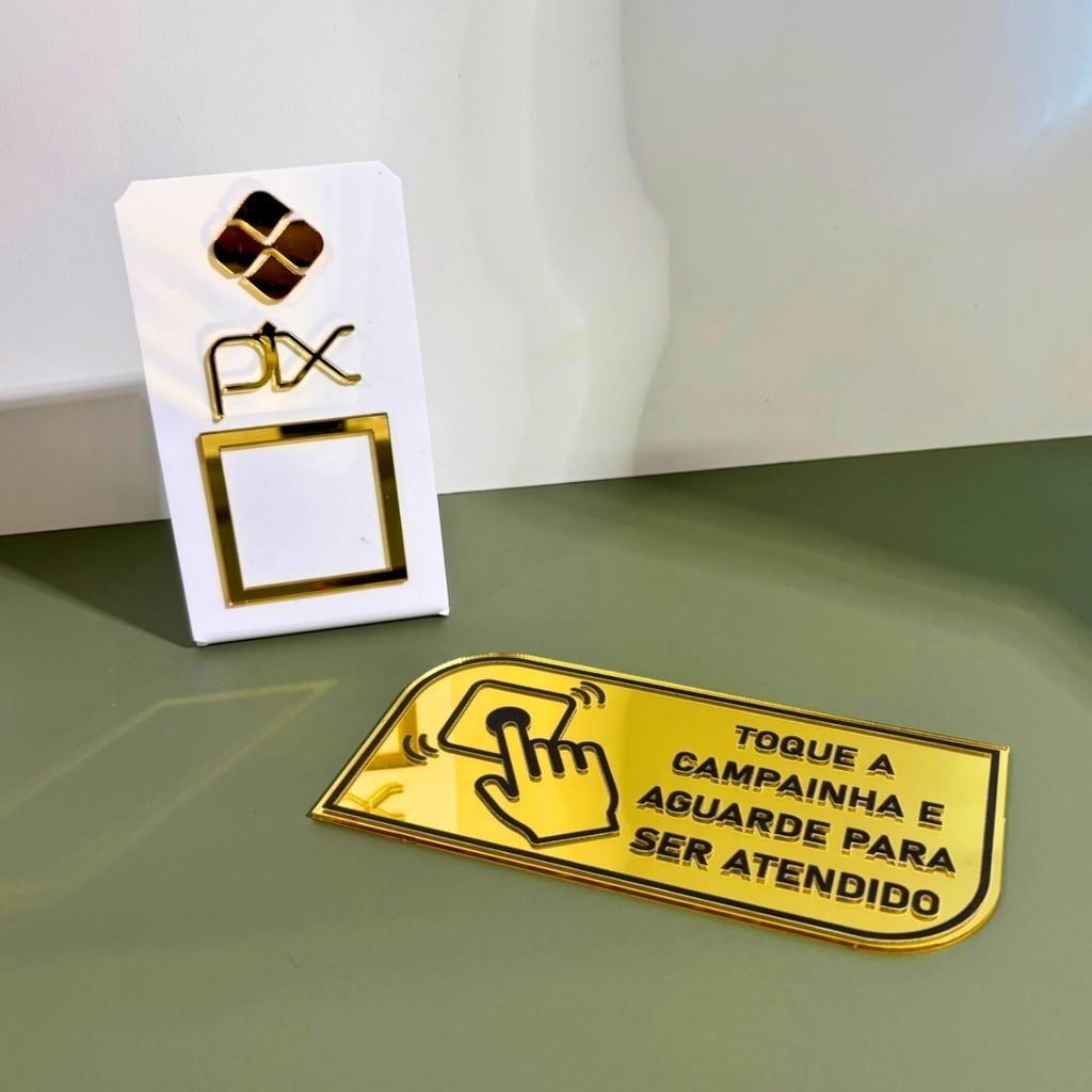 Kit Placa Pix Personalizada Qr Code + Placa Campainha Identificação Balcão Acrílico Espelhado