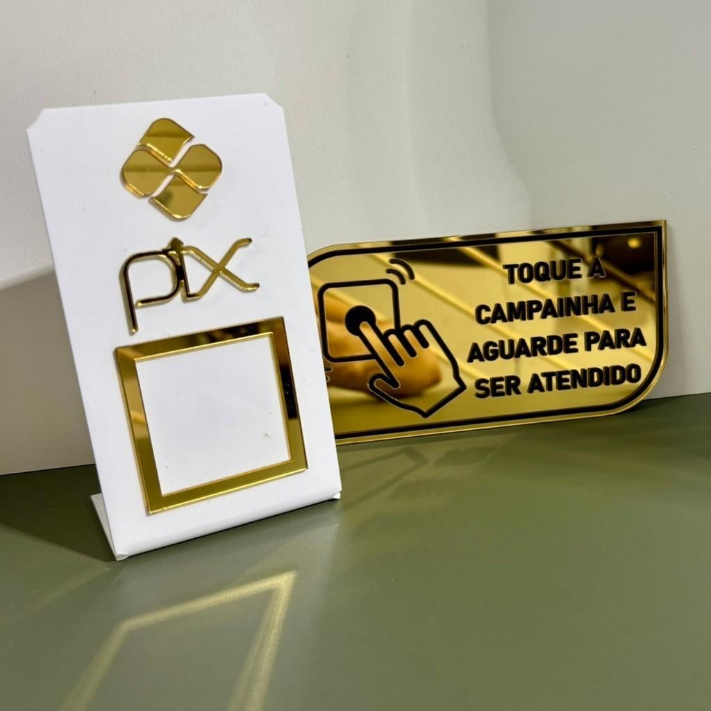 Kit Placa Pix Personalizada Qr Code + Placa Campainha Identificação Balcão Acrílico Espelhado