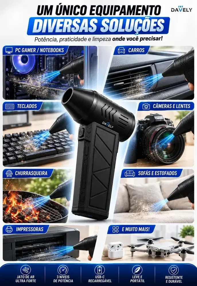 Mini Ventilador Soprador Ar Turbo 130000rpm Assoprador Sem Fio Recarregável Usb 3 Níveis Davely