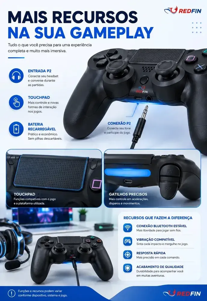 Controle Sem Fio Joystick Bluetooth para PS4 TV Smart PC Redfin