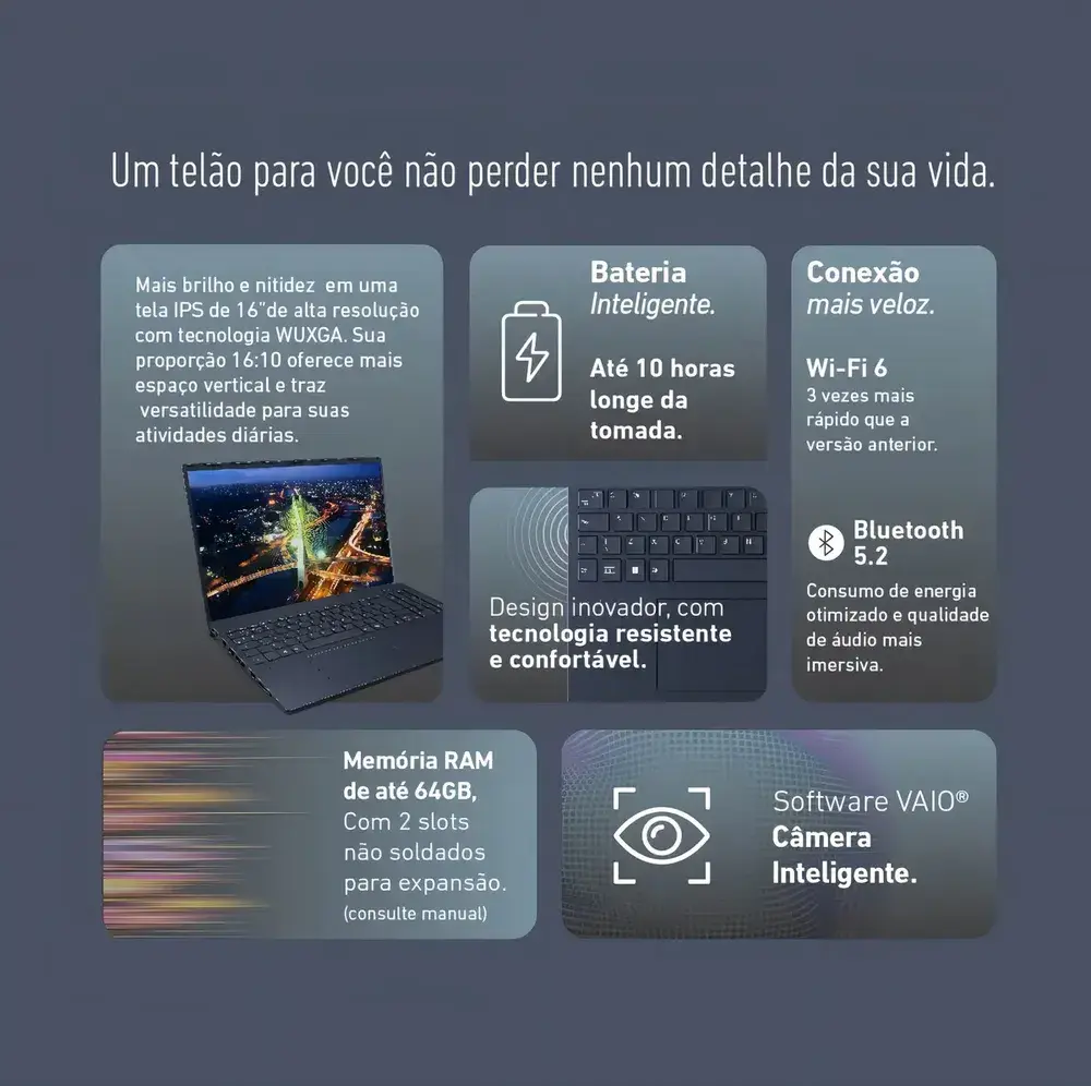 Notebook Vaio Fe16 Amd Ryzen 7 5825u Linux 8gb RAM 512gb Ssd Wi-Fi 6 Tela 16 Ips Wuxga Antirreflexo Cinza Grafite