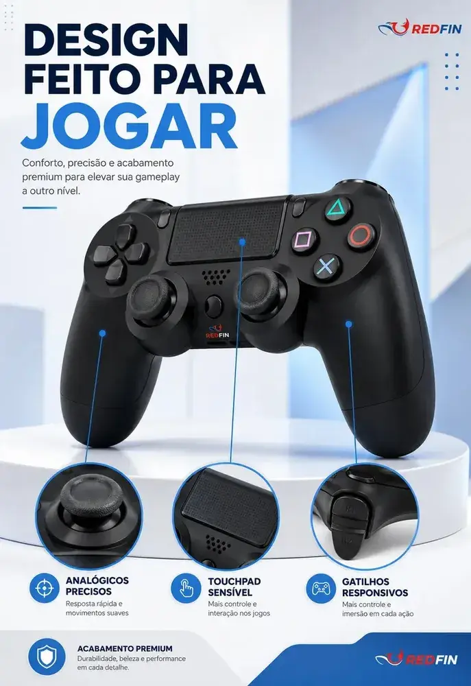 Controle Sem Fio Joystick Bluetooth para PS4 TV Smart PC Redfin
