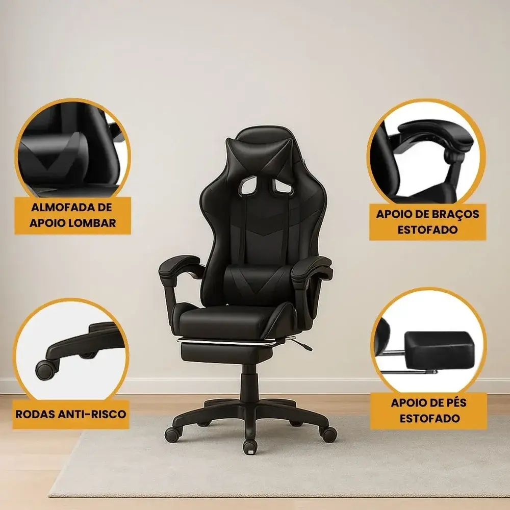 Cadeira De Escritório Gamer Nitro Ergonômica Estofado Couro Sintético Reclinável Cor Preto Luvinco