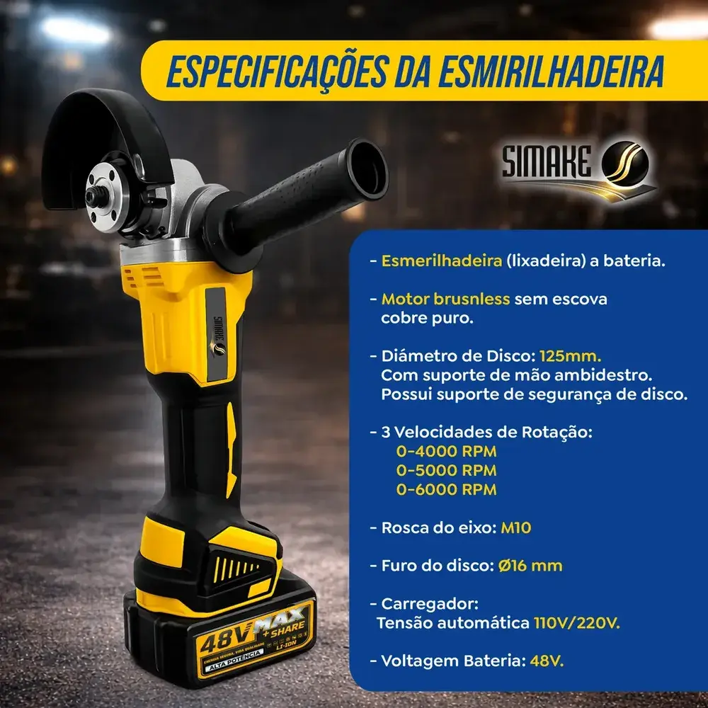 Kit Multi Ferramentas 4 Em 1 48v Sem Fio Com 2 Baterias Furadeira Parafusadeira Martelete Esmerilhadeira Chave De Impacto Com Maleta Simake