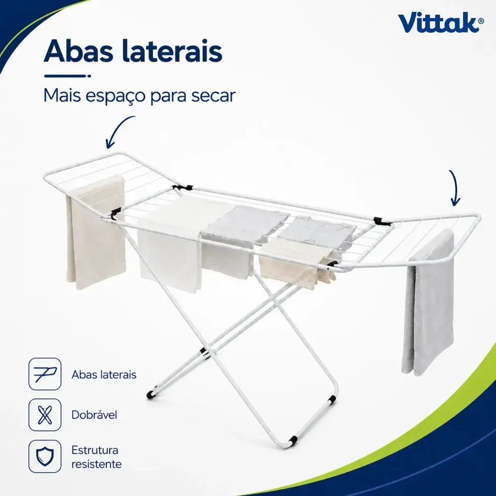 Vittak Varal de Chão Slim Dobrável com Abas Retráteis em Aço Reforçado