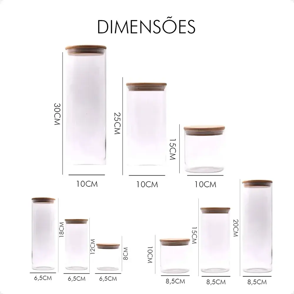 Kit 9 Potes Mantimentos Vidro Herméticos com Tampa Bambu Epsilon