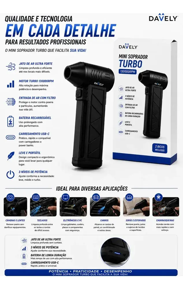 Mini Ventilador Soprador Ar Turbo 130000rpm Assoprador Sem Fio Recarregável Usb 3 Níveis Davely