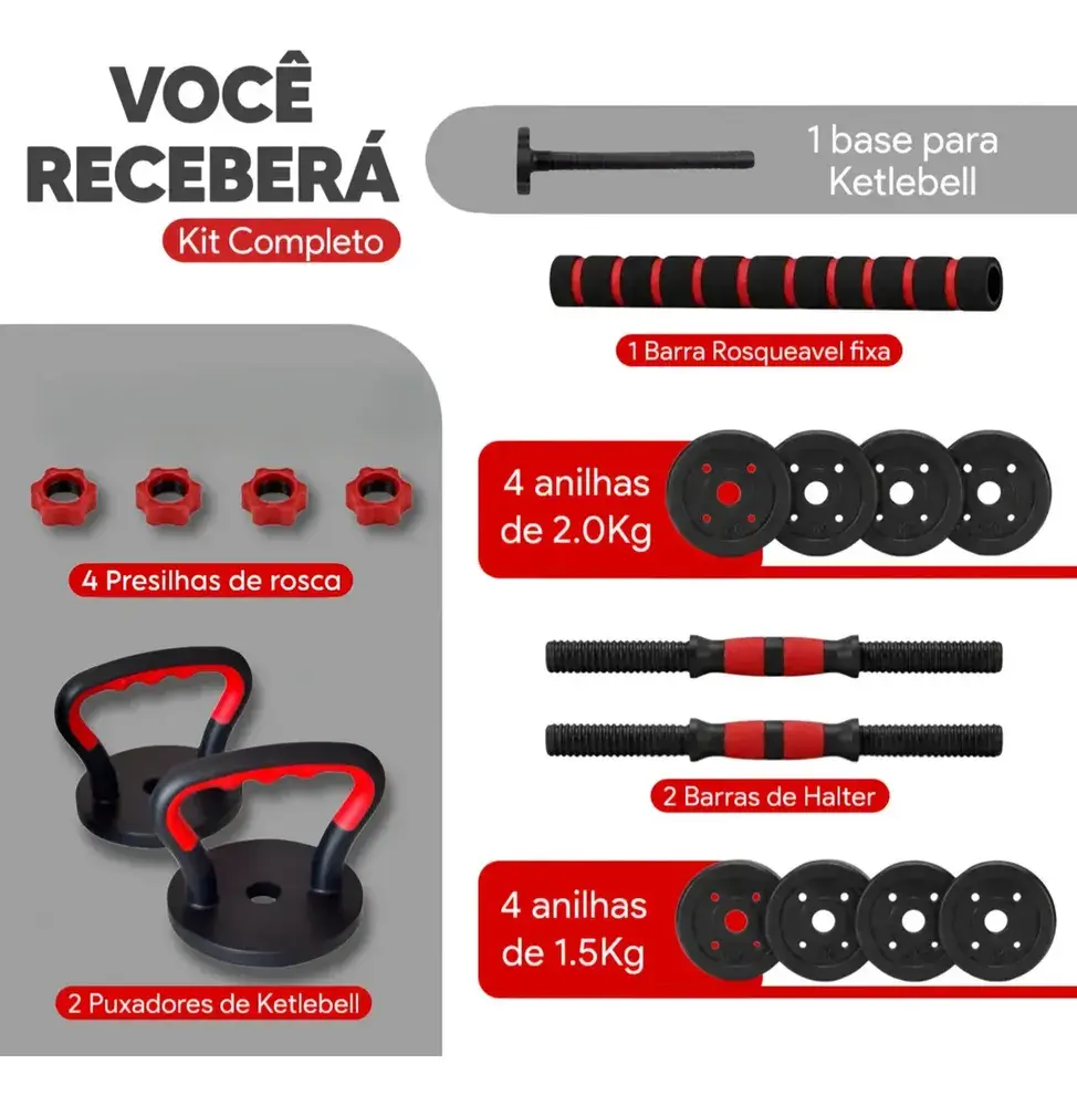 Kit Halteres Barra E Anilhas Musculação Kettlebell Ajustáveis Peso Academia 15kg