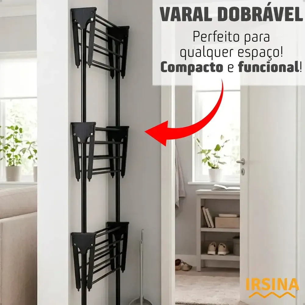 Varal Dobrável De Chão 3 Andares De Roupas Grande Com Rodinha Aba Lateral Retrátil Para Cabide Irsina