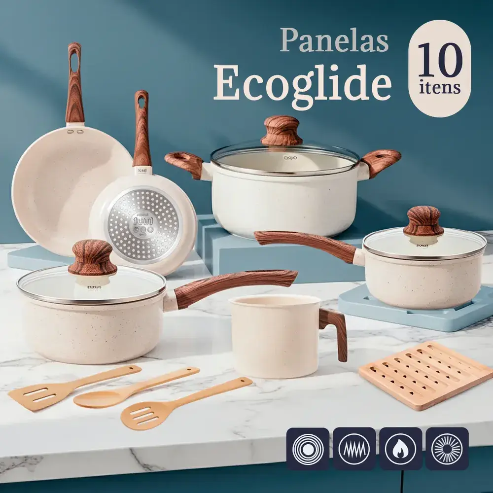 Jogo De Panelas Indução Antiaderente Cerâmica 10 Peças Ppg Pfoa Free Baunilha