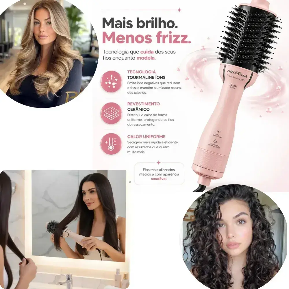 Escova Secadora e Modeladora Britânia 4 em 1 Anti Frizz BEC07R 1300W