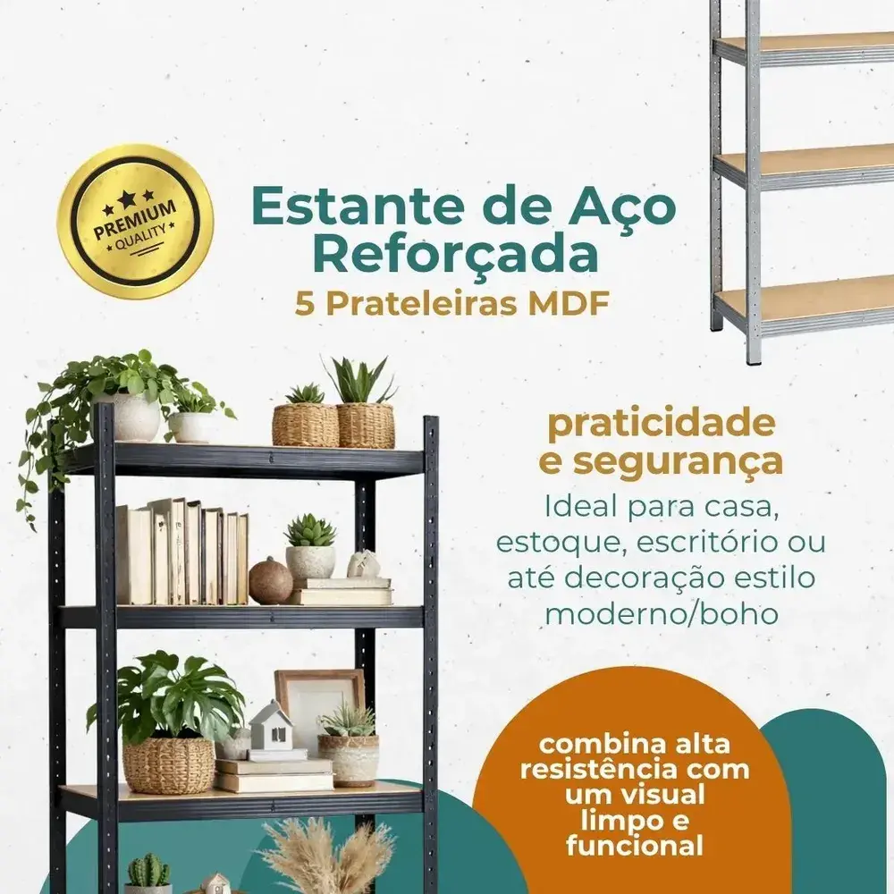 Estante Aço 5 Prateleiras Mdf Até 375kg 180cm X 60cm X 30cm Organizador Armário
