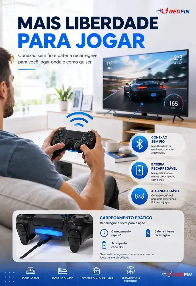Controle Sem Fio Joystick Bluetooth para PS4 TV Smart PC Redfin