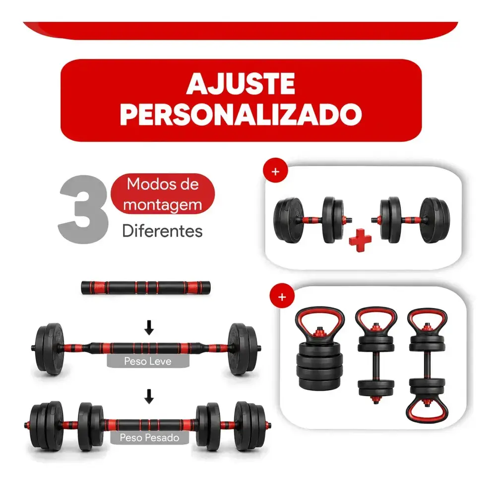 Kit Halteres Barra E Anilhas Musculação Kettlebell Ajustáveis Peso Academia 15kg
